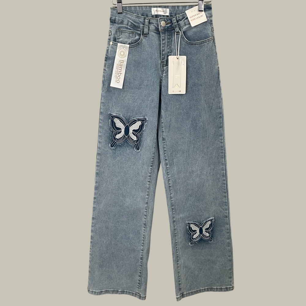 Bamboo Jeans Wide Leg Womens  0 Blue Butterfly Patch High Rise Boho Y2K Denim